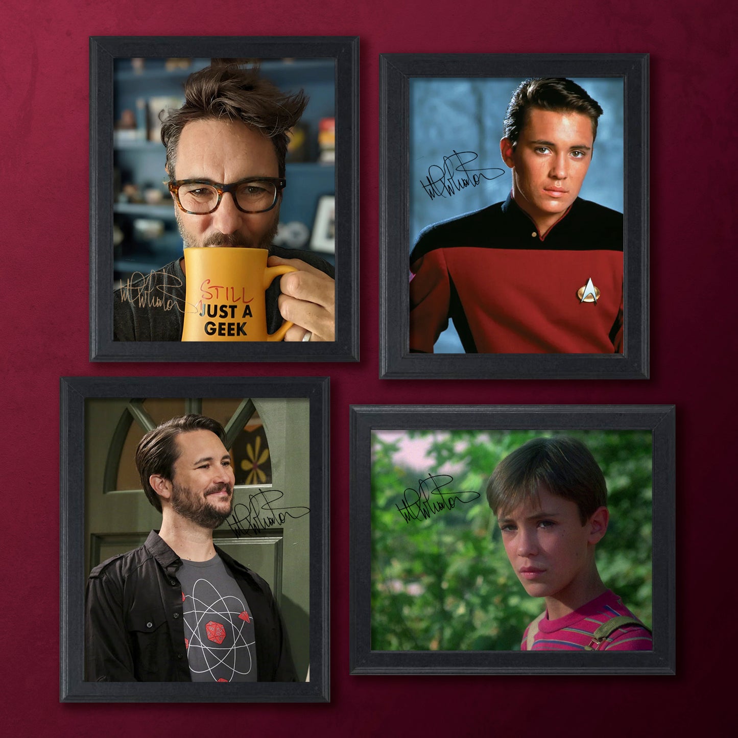 Four framed photographs of actor Wil Wheaton on a red background