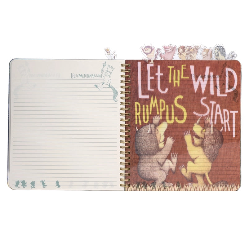 A page from the book showing two monsters against a red background. White and yellow text says "let the wild rumpus start." At the top of the journal are tabs depicting characters from the book.