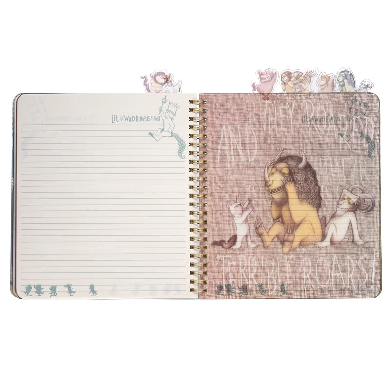 A page from the book showing two monsters and Max gainst a maroon background. White text says "and they roared their terrible roars." At the top of the journal are tabs depicting characters from the book.