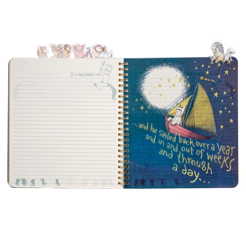 A page from the book showing Max in a red sailboat against a dark blue sky. Yellow text says "and he sailed back over a year and in and out of weeks and through a day." At the top of the journal are tabs depicting characters from the book.