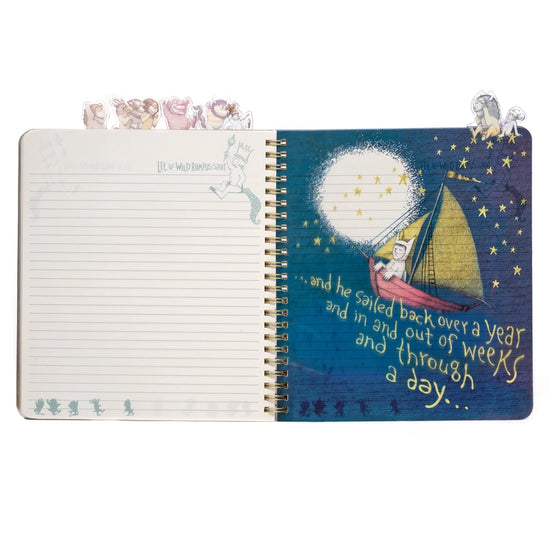 A page from the book showing Max in a red sailboat against a dark blue sky. Yellow text says "and he sailed back over a year and in and out of weeks and through a day." At the top of the journal are tabs depicting characters from the book.
