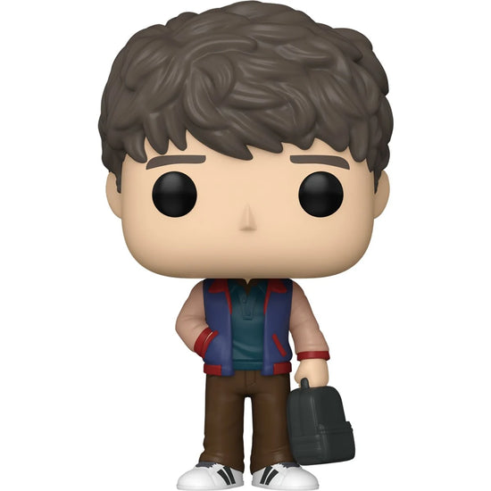 A bobblehead figure depicting Will Byers from the TV series Stranger Things, against a white background. He is wearing brown pants and a blue jacket, and carrying a backpack in one hand.