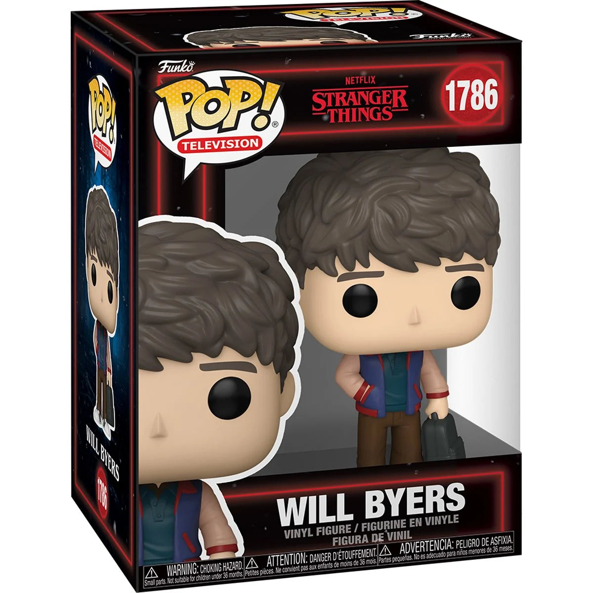 A cardboard box with a transparent front, containing a bobblehead figure depicting Will Byers from the TV series Stranger Things. He is wearing brown pants and a blue jacket, and carrying a backpack in one hand.