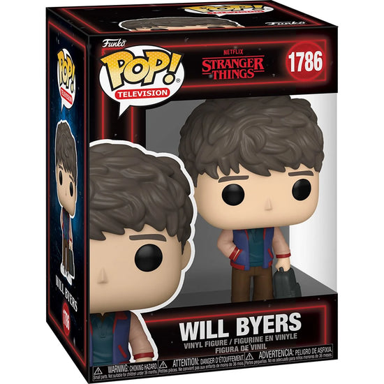 A cardboard box with a transparent front, containing a bobblehead figure depicting Will Byers from the TV series Stranger Things. He is wearing brown pants and a blue jacket, and carrying a backpack in one hand.