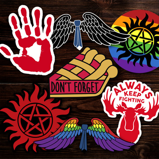 A collection of Supernatural-themed window stickers