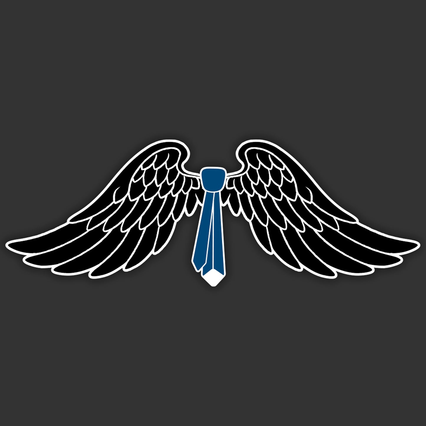 A window sticker depicting angel wings and a blue necktie