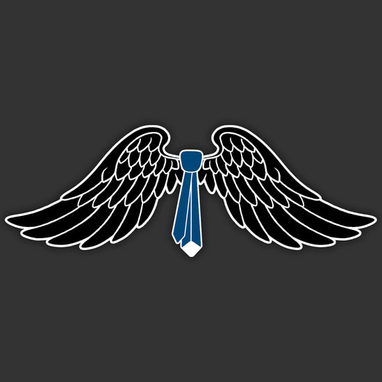 A window sticker depicting angel wings and a blue necktie