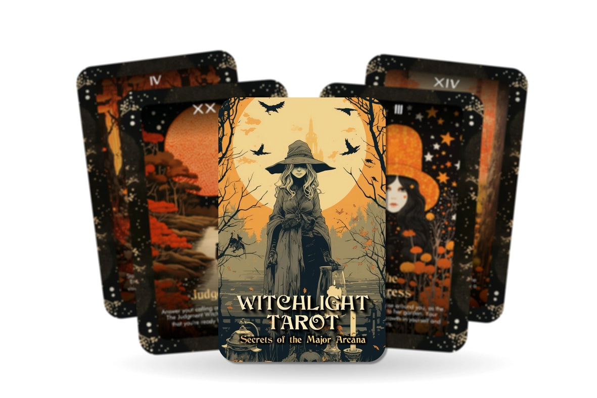 A collection of witch-themed tarot cards. Each card has drawings related to witchcraft, along with descriptions of the major arcana each represents.