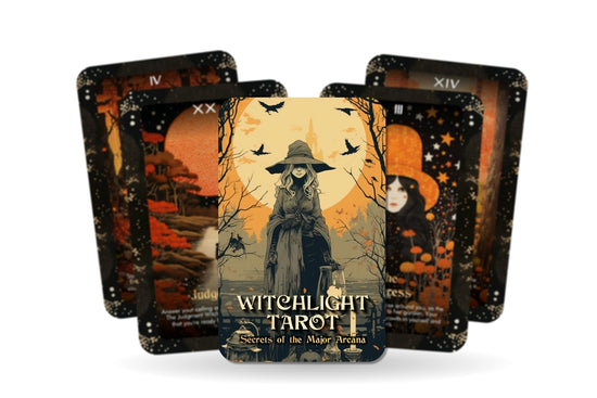 A collection of witch-themed tarot cards. Each card has drawings related to witchcraft, along with descriptions of the major arcana each represents.