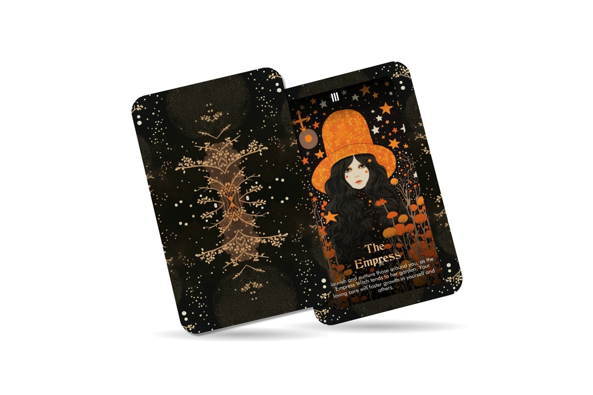 Load image into Gallery viewer, A pair of witch-themed tarot cards, front and back, on a white background. One card has a drawing of a witch with an orange hat, in front of a black background with orange and white stars. The second card depicts a brown symbol with tree-like branches.
