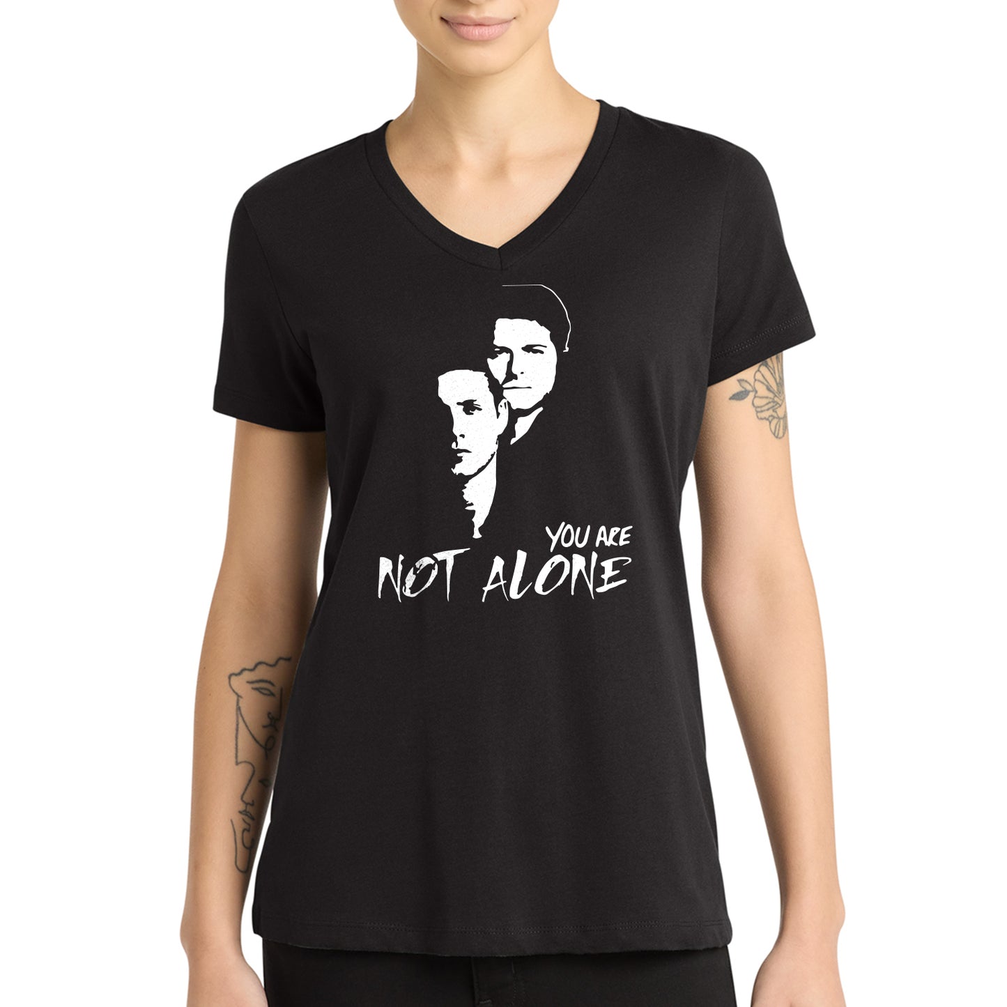 Black t-shirt with a graphic design and 'You are not alone' text on a white background