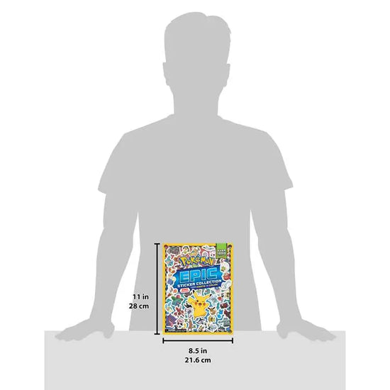 A yellow softcover book on a white and grey background. On the cover is a collage of stickers depicting various Pokemon characters. Yellow and blue text says "Pokemon epic sticker collection." A grey silhouette of a teenager is in the background.