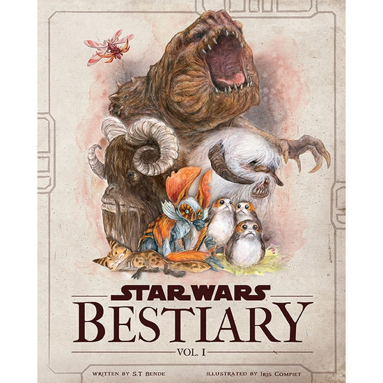 An image of a hardcover book. On the cover are drawings of creatures from the Star Wars universe. Dark brown text at the bottom says "Star Wars Bestiary Volume 1"