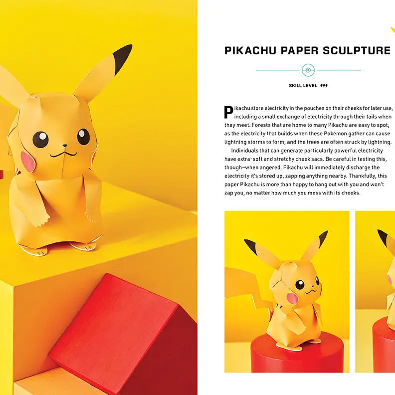 A page from the book. The page describes how to create a Pikachu paper sculpture, with an image of the finished project on the left.