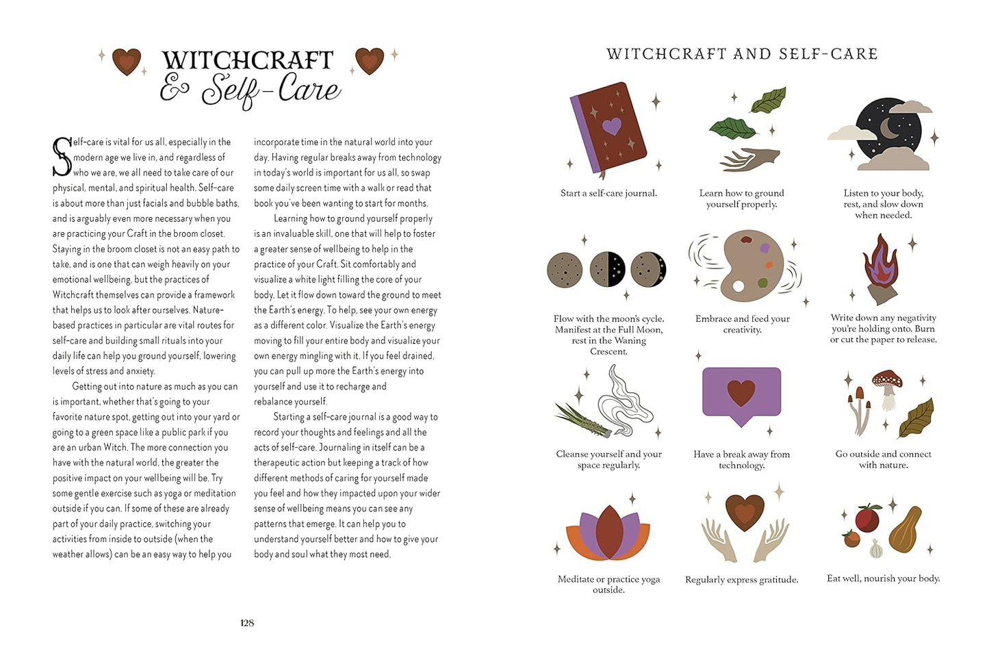 A two-page spread from the book describing witchcraft and self-case, with drawings of various symbols on the right page.
