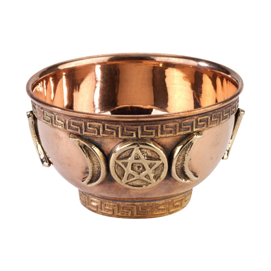 A copper bowl on a white background. The front of the bowl has half moons and a devil's trap symbol on it. Around the edges is a repeating geometric pattern.