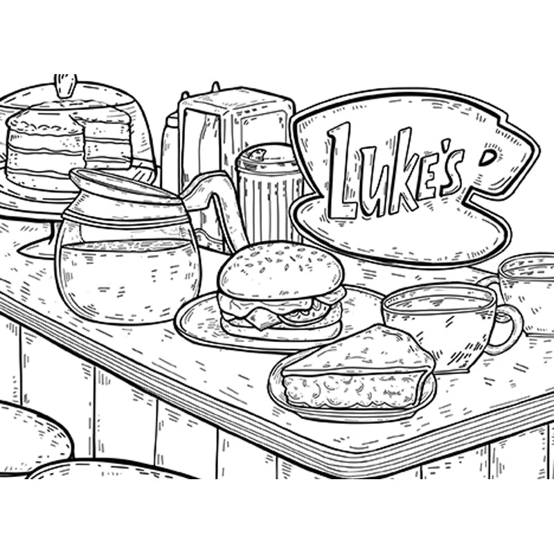 Illustration of a table with food and a sign reading 'Luke's' on a white background.