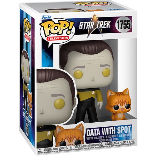 Funko Pop! figure of the character Data from 'Star Trek' with a cat, in a cardboard package