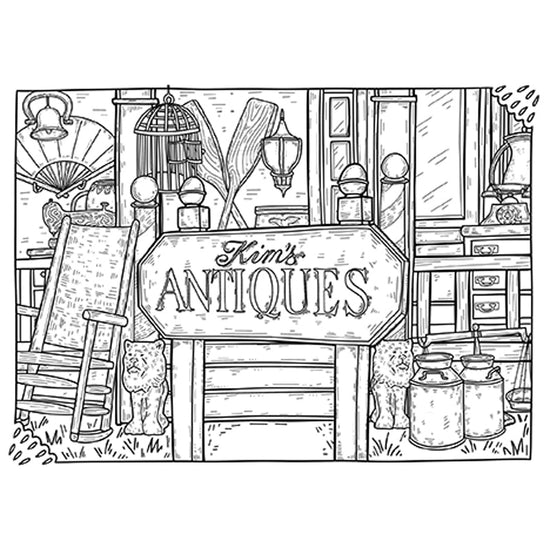 Illustration of an antiques store with various items and a sign reading 'Kim's Antiques'.
