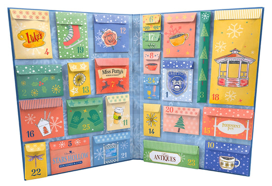 Colorful advent calendar with various small doors on a white background