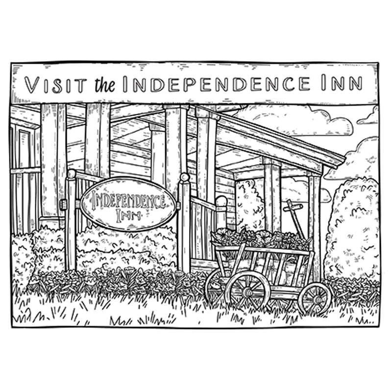 Illustration of the Independence Inn with a sign and a cart in front.