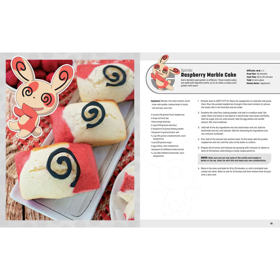 A two-page spread from the book. Across the pages is a recipe for Raspberry Marble Cake, with pictures of the dish on the left.