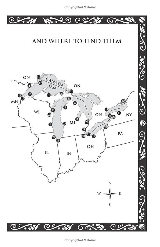 A simple map of the great lakes area of the US and southern Canada, from Minnesota to New York and down to Indiana. The sites are marked with small numbers in black circles.