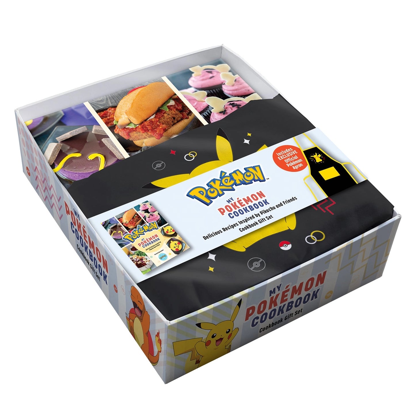 A cardboard box with a clear plastic cover, against a white background. Inside the box is a folded black and yellow apron, and a hardcover cookbook with pictures of various recipes on the cover. Across the middle is a paper banner with pictures of the book and apron. In the center is text saying "Pokemon, my pokemon cookbook."