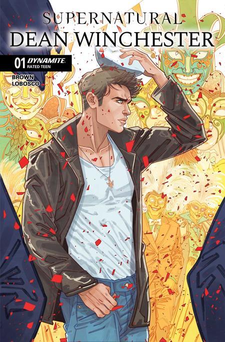 Comic book cover for 'Supernatural: Dean Winchester' issue 01, featuring an illustrated young man in a black jacket and white tank top surrounded by red confetti and gold-toned faces, with Dynamite branding visible.