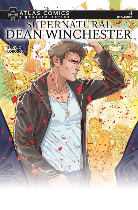 Atlas Comics Signature Series 'Supernatural Dean Winchester' comic book cover featuring illustrated Dean Winchester in a black jacket over a white tank top, with red confetti scattered around him and a yellow-toned background.