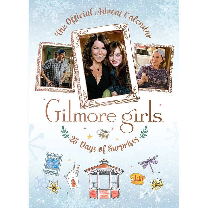 Gilmore Girls advent calendar cover with photos of characters and decorative elements on a light blue background.
