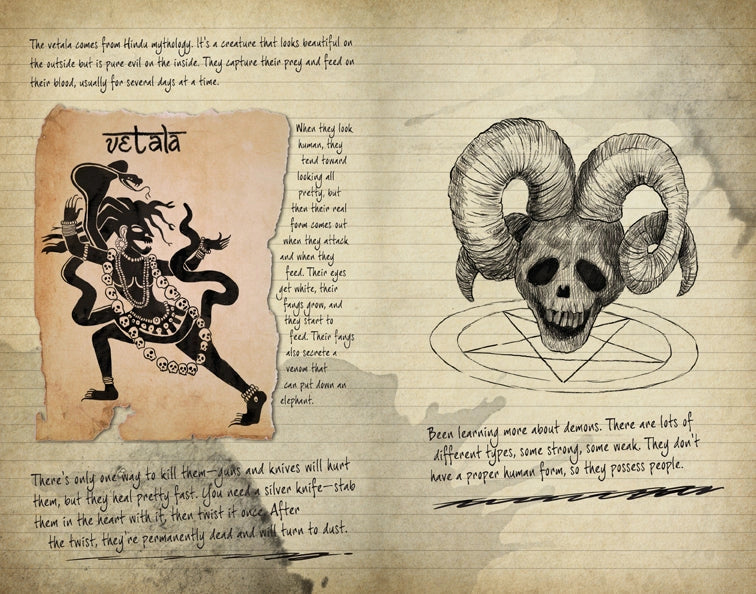 A two-page spread from the book. On the left is a drawing of a Vetala, surrounded by handwritten black text describing the creature. On the right is a drawing of a skull with curled horns, sit inside a drawing of a pentagram.