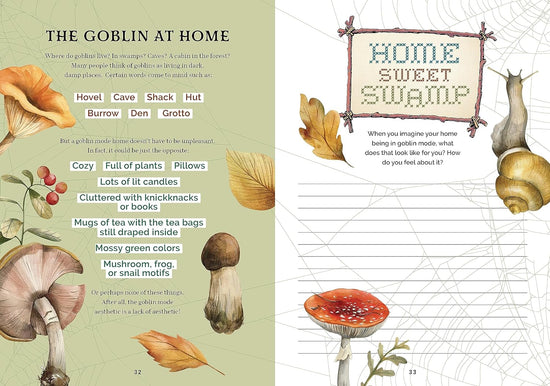 An interior spread of the book. The left page reads "The goblin at home" and the right reads "Home sweet swamp: When you imagine your home being in goblin mode, what does that look like for you?" with blank writing space below.