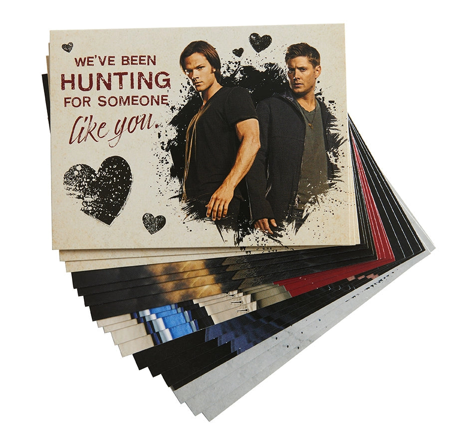 A stack  of notecard-style Valentine's cards. The top one shows Sam and Dean on the front and reads "We've been hunting for someone like you"