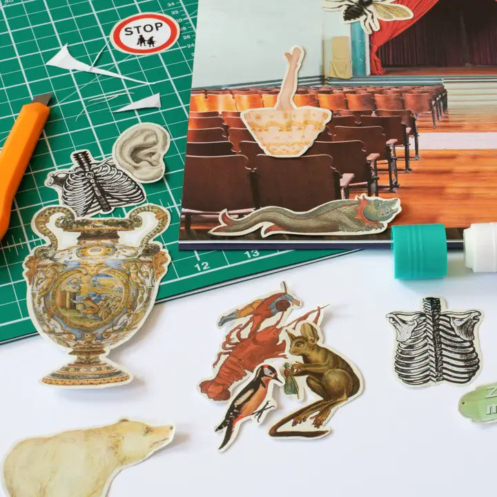 Random images scattered across a workspace, including a polar bear, a lobster, an ornate urn, and a ribcage.