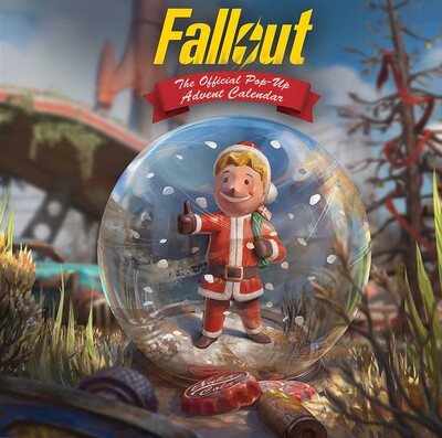 Pop-up Advent Calendar for 'Fallout' with a character in a snow globe against a dystopian backdrop.
