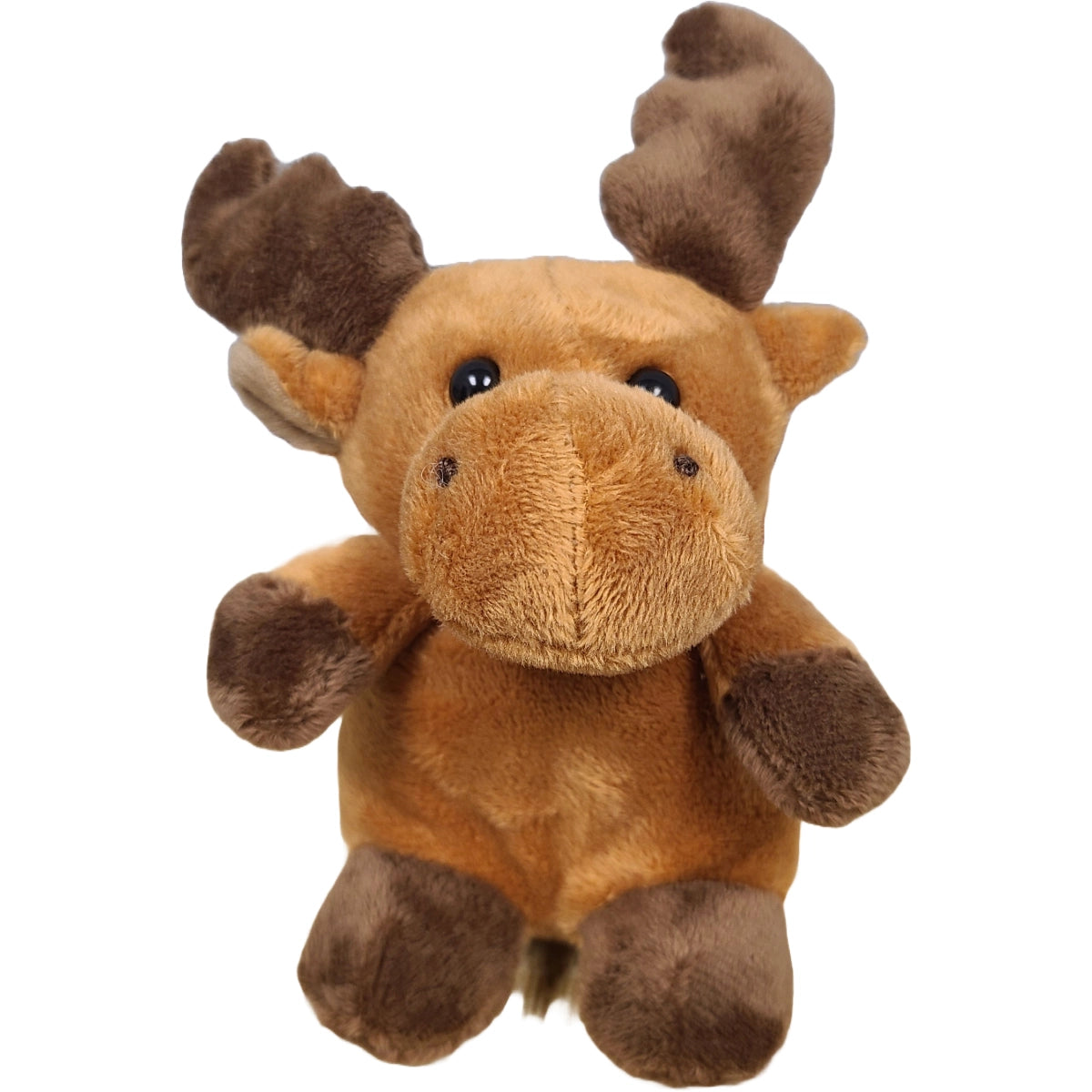 A moose plushie against a white background.