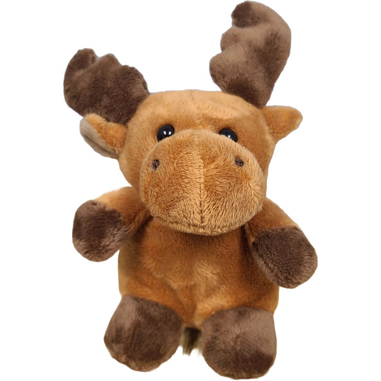 A moose plushie against a white background.