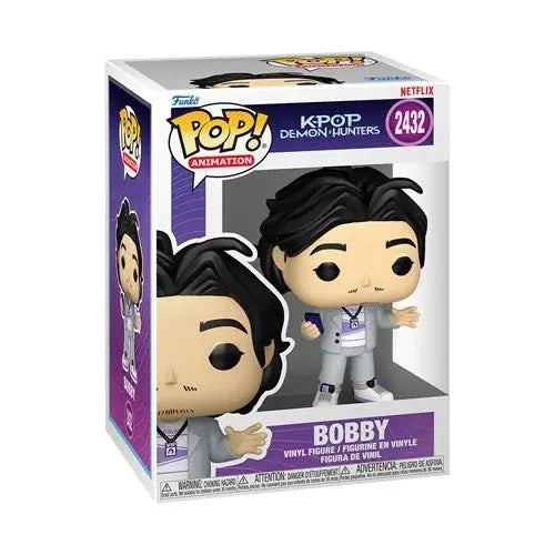 A Funko Pop! vinyl figurine depicting the character Bobby from "KPop Demon Hunters." The figurine is in a Funko package with a window display.