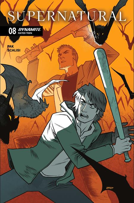 Comic book cover featuring two characters with bats on an orange background.