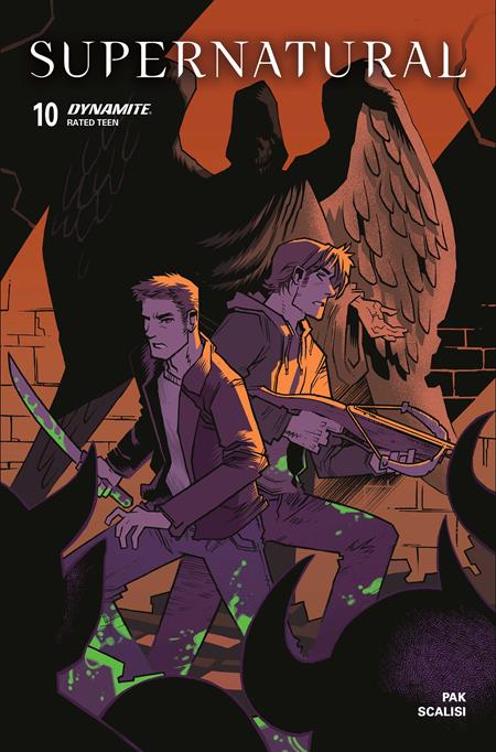 Comic book cover of 'Supernatural' with two characters and a demon in the background.