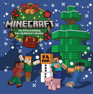 Minecraft advent calendar cover with characters and a tree on a blue background