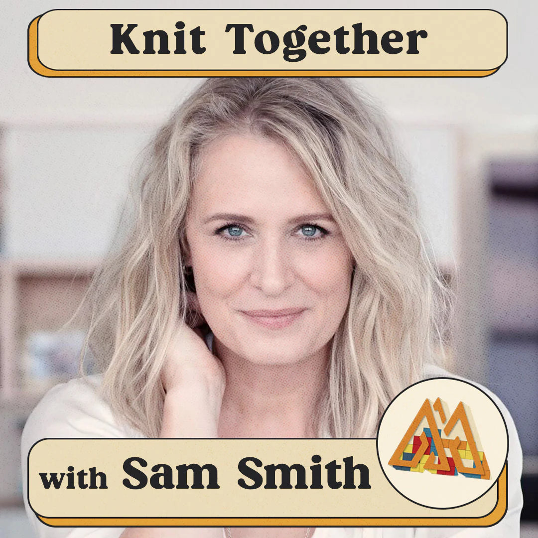 An image of actress Samantha Smith, smiling into the camera. Above and below her are yellow banners with black text saying "Knit Together with Sam Smith." In the bottom right corner is the Momentus logo.