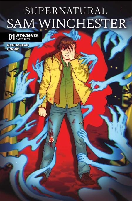 Comic book cover for 'Supernatural Sam Winchester' issue 01, published by Dynamite. The cover art features an illustrated young man in a yellow jacket and jeans standing in a dark scene with blue hands reaching up around him against a red and black background.