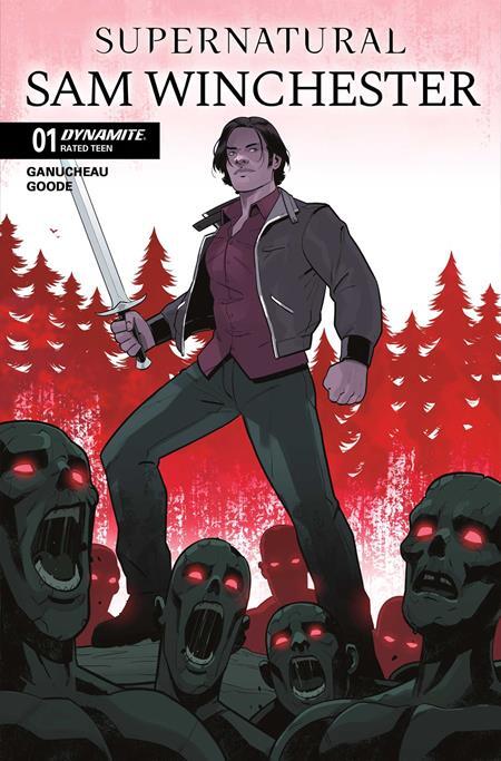 Comic book cover for 'Supernatural Sam Winchester' issue 01 by Dynamite, featuring an illustrated man holding a sword above a horde of screaming zombie faces against a red and white background.