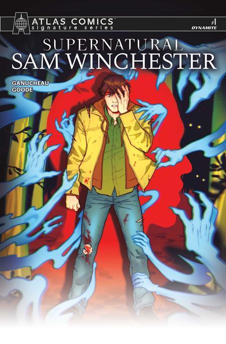 Front cover of the Atlas Comics Signature Series comic book 'Supernatural Sam Winchester', featuring an illustrated young man in a yellow jacket and jeans surrounded by blue hands against a red and black background.