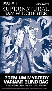 Promotional cover art for a Supernatural Sam Winchester Issue 1 premium mystery variant blind bag, featuring an illustrated man in a white jacket surrounded by floating hands in a blue-toned illustration, with Dynamite branding and product text on black banners.