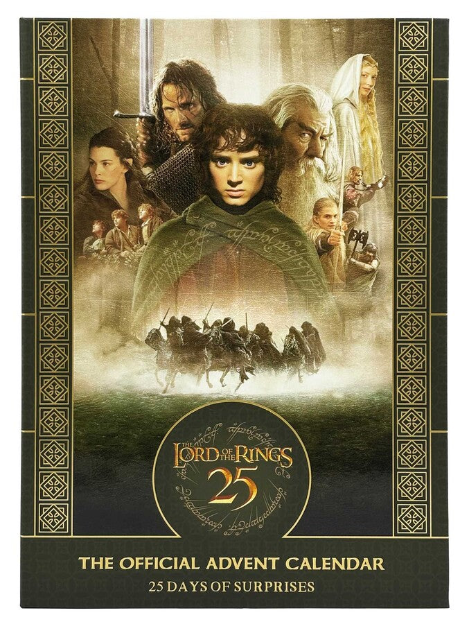 Advent calendar cover featuring characters from 'The Lord of the Rings' with decorative border.