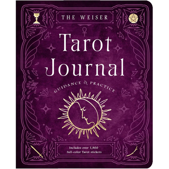 The front cover image of The Weiser Tarot Journal, which also reads "Guidance and Practice - Includes over 1900 full-color Tarot stickers". The cover is a deep purple with sigil-like illustrations.