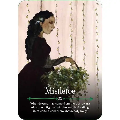 An example Oracle card entitled "Mistletoe" and featuring a dark-skinned woman with dark, curly hair carrying a basket of mistletoe herbs. 